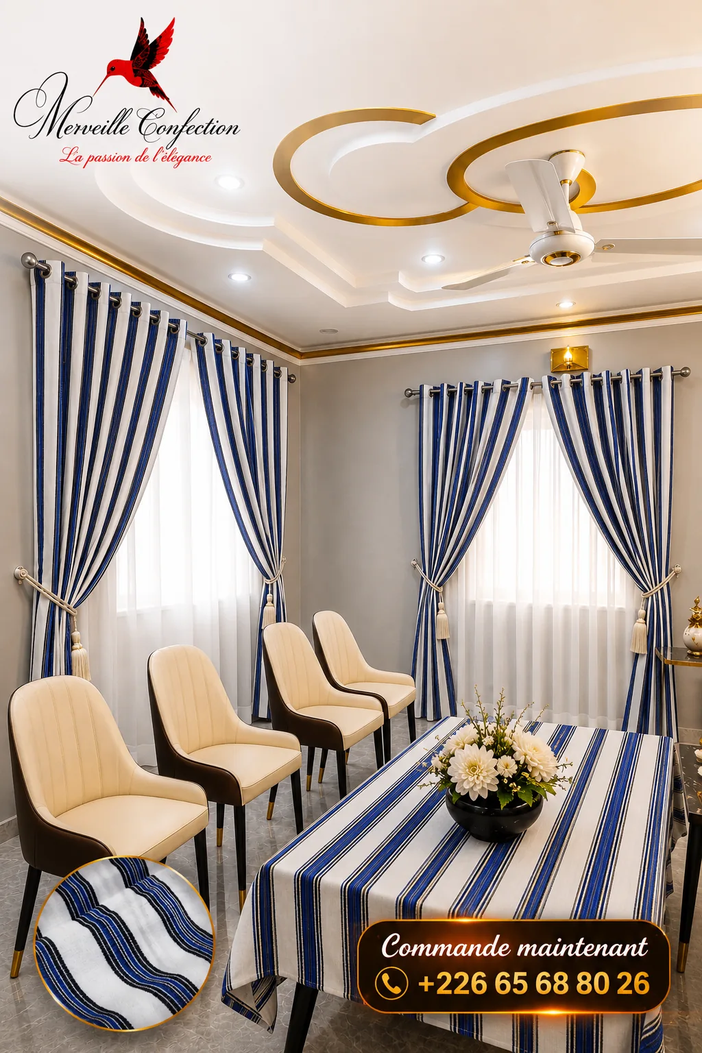 Rideaux et nappe en tissu rayé bleu et blanc réalisés par Merveille Confection