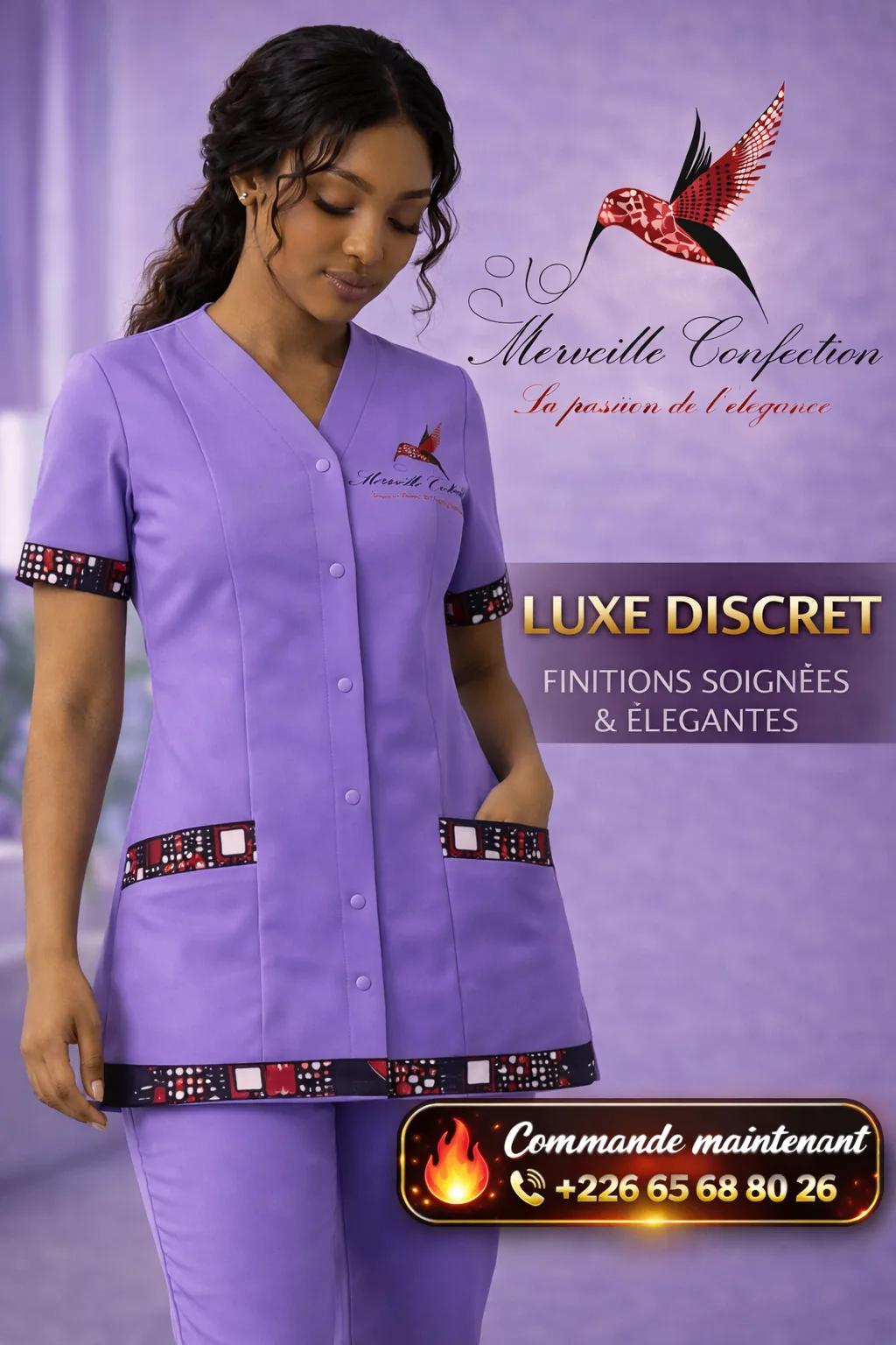 Tunique professionnelle mauve Merveille Confection avec finitions en tissu wax rouge et noir