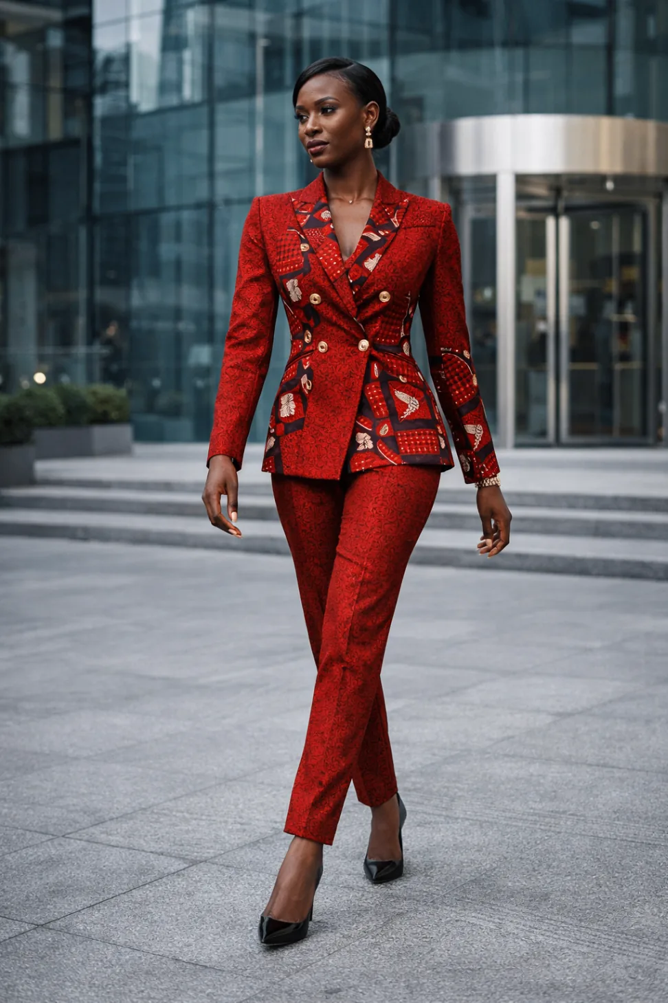 Tailleur féminin rouge en wax brodé porté en extérieur urbain