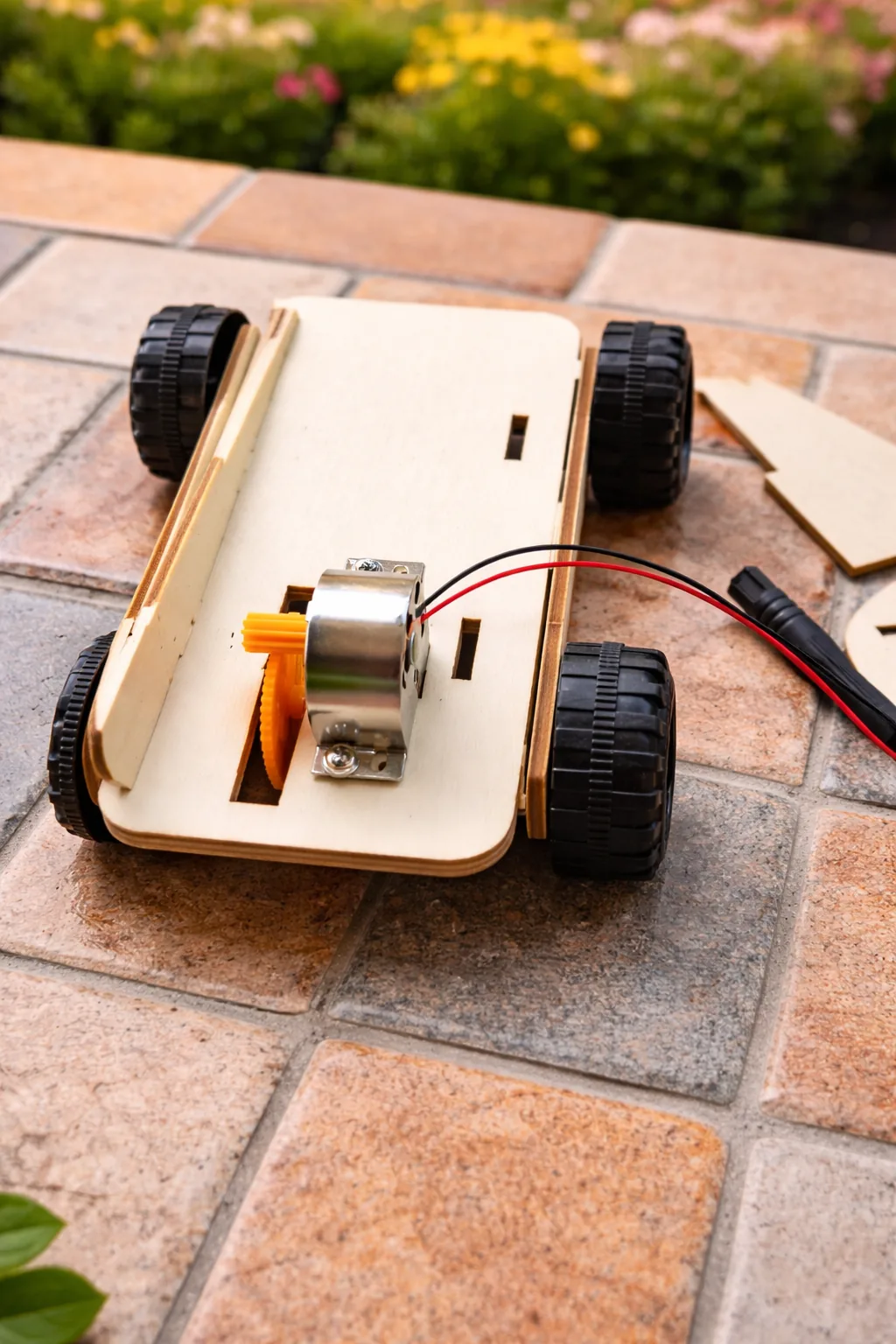 Châssis de voiture solaire en bois avec roues et moteur assemblés