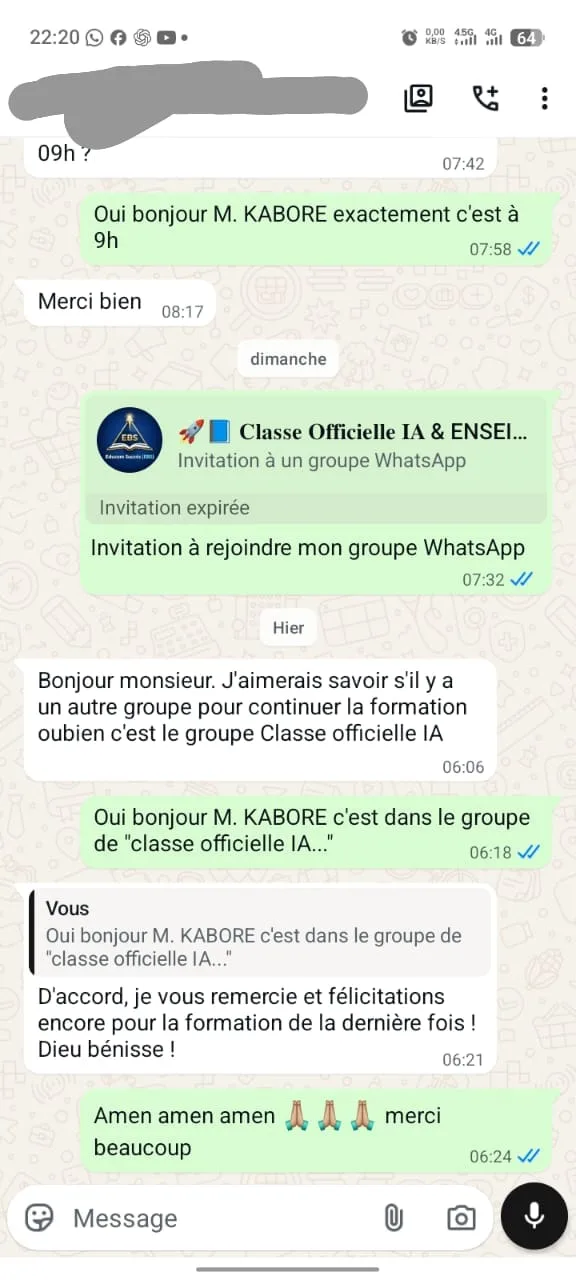 Capture WhatsApp : félicitations d’un participant à Educom Succès