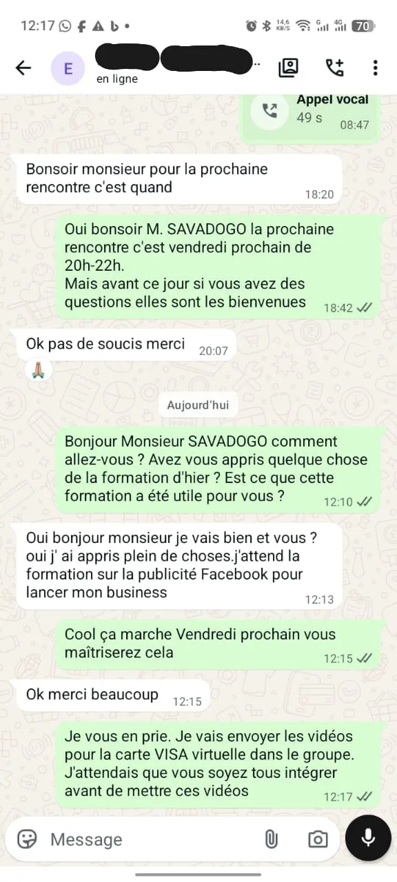 Capture WhatsApp : suivi individuel d’un participant Educom Succès