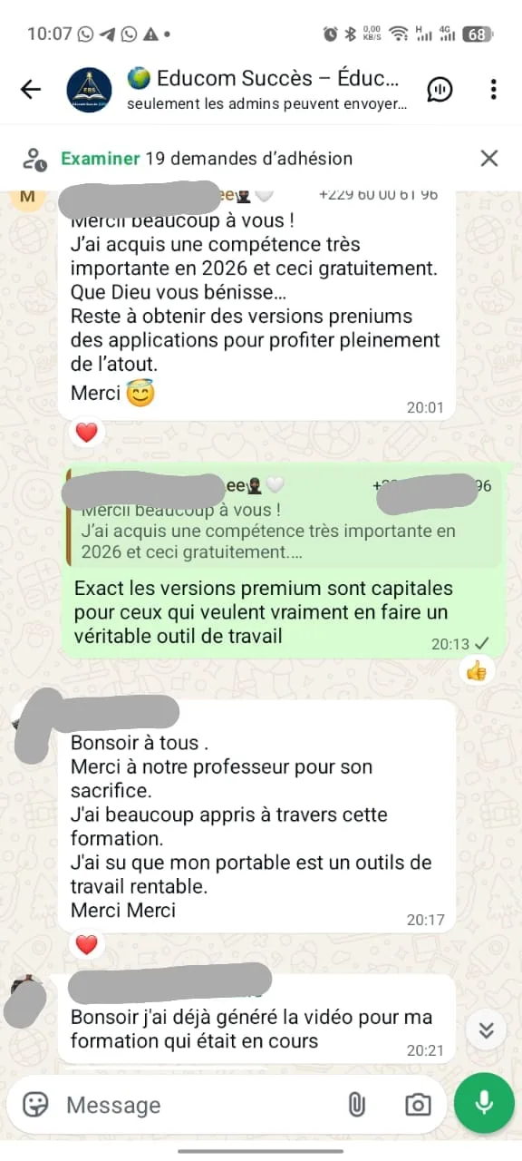 Capture WhatsApp : remerciements de participants après la formation