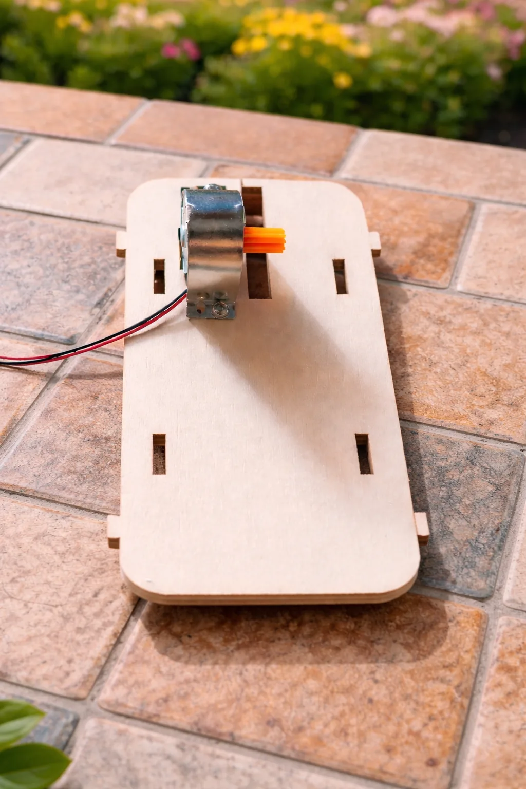 Plateforme en bois avec moteur et engrenage installés lors du montage