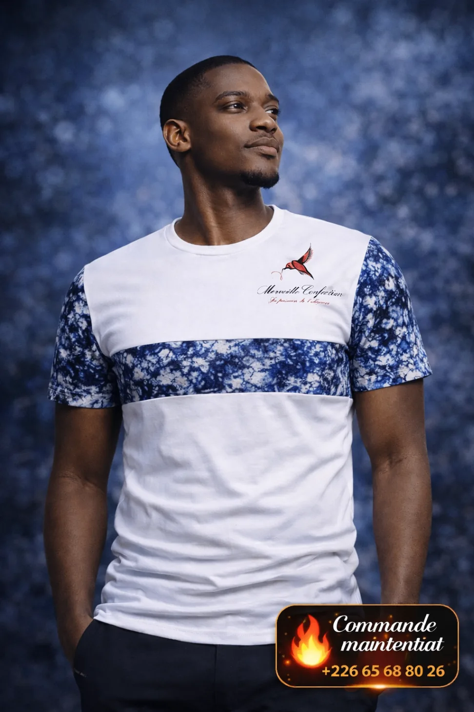 T-shirt blanc à empiècements en tissu teint indigo Merveille Confection