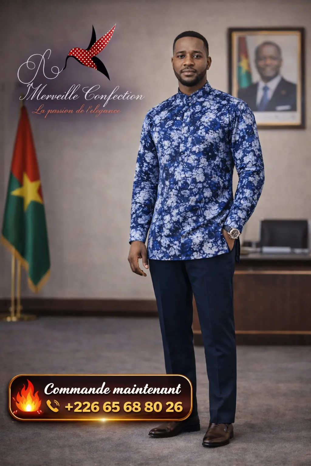 Chemise homme en tissu indigo floral signée Merveille Confection