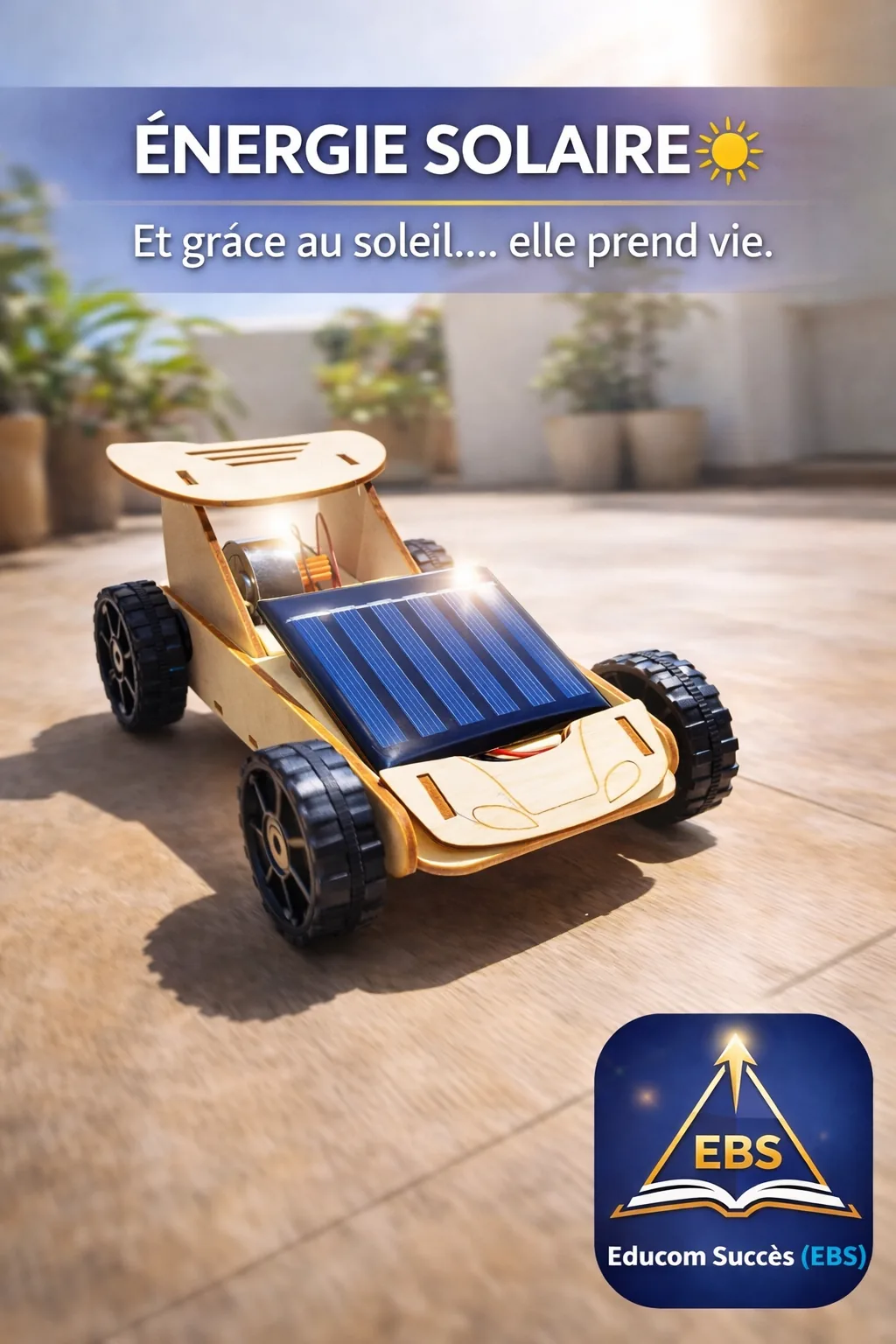 Voiture solaire éducative en bois montée, visuel de campagne Educom Succès « Énergie solaire »