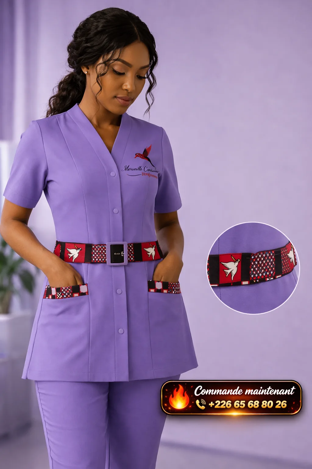 Tunique mauve Merveille Confection avec ceinture en pagne et zoom sur le détail du tissu